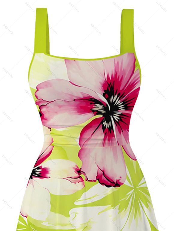 Vacation Dress Watercolor Flower Print Tied Back Square Neck Pocket A Line Dress - Vert Jaune XL | US 12