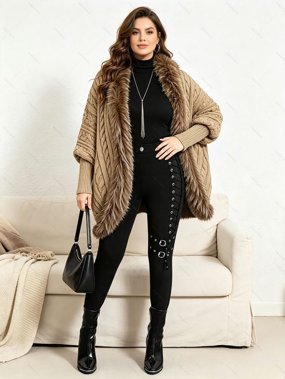 Vintage Sweater Coat Cable Knit Faux Fur Open Front Cinched Back Long Sleeve Coat - café ONE SIZE