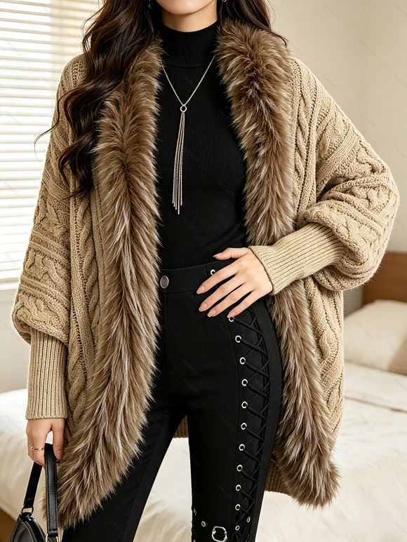 Vintage Sweater Coat Cable Knit Faux Fur Open Front Cinched Back Long Sleeve Coat - café ONE SIZE