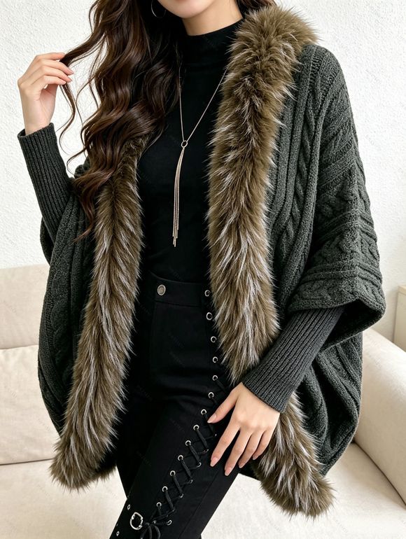 Gothic Women Outfit Cable Knit Faux Fur Open Front Cinched Back Coat and Grommet Buckle Lace Up Leggings Set - Vert Armée S | US 4