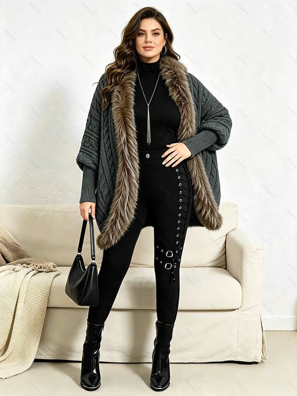 Gothic Women Outfit Cable Knit Faux Fur Open Front Cinched Back Coat and Grommet Buckle Lace Up Leggings Set - Vert Armée S | US 4