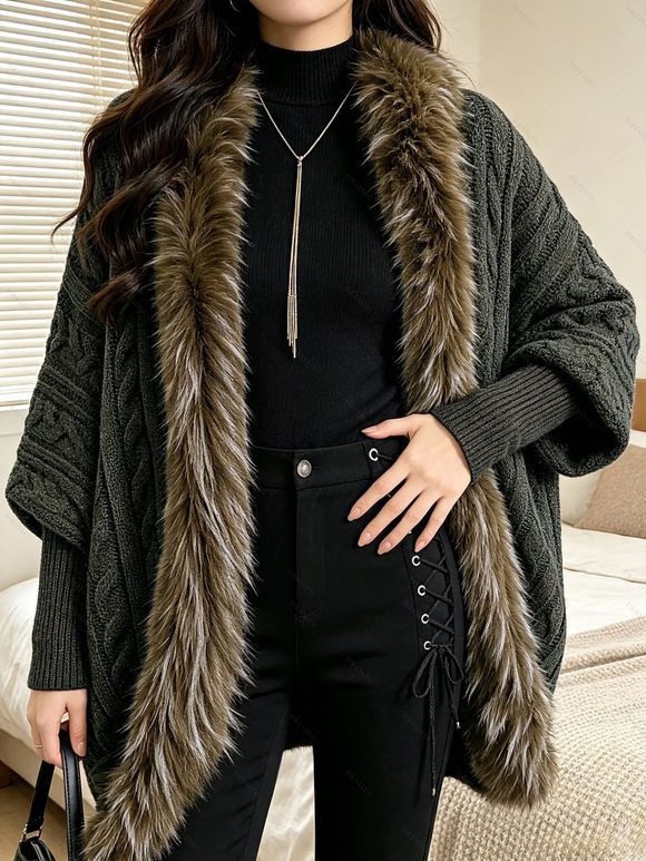 Gothic Women Outfit Cable Knit Faux Fur Open Front Cinched Back Coat and Grommet Buckle Lace Up Leggings Set - Vert Armée S | US 4