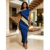 Vacation Dress Golden Abstract Line Print Skew Neck Mermaid Bodycon Maxi Dress - Bleu XL | US 12