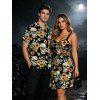 Vintage Gothic Couple Outfit Skulls Sunflower Leaf Print Ruched Bust Mini Dress and Shirt Set - Noir S | US 4