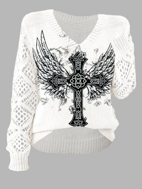 Pull gothique à col en V ajouré avec imprimé papillon et ailes croisées