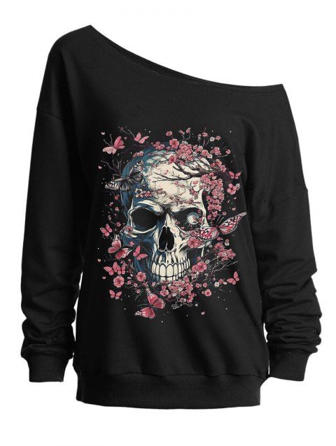 Gothic Sweatshirt Skulls Cherry Blossom Butterfly Print Skew Neck Punk Style Sweatshirt
