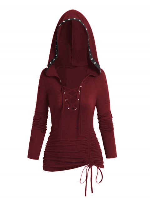 Sweat à capuche à lacets de couleur unie, haut à manches longues et œillets cintré