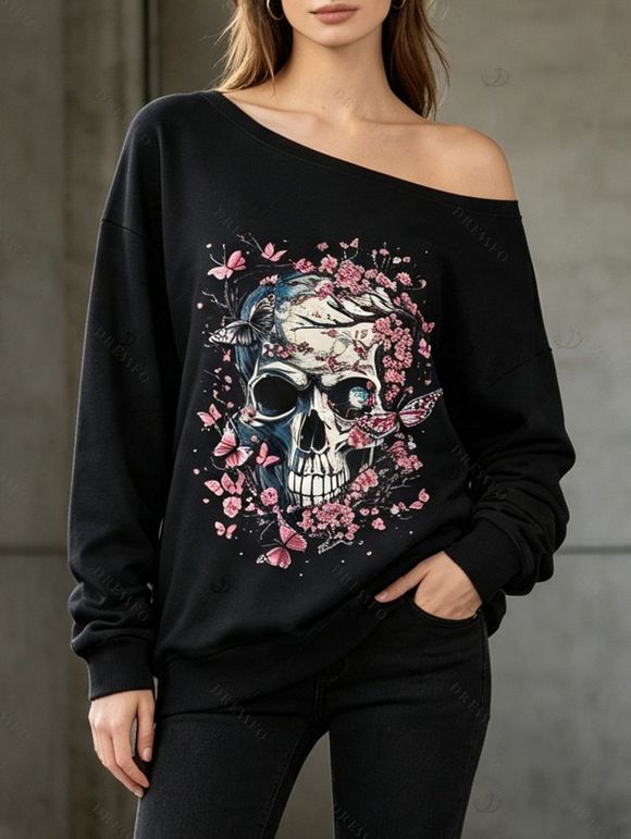 Gothic Sweatshirt Skulls Cherry Blossom Butterfly Print Skew Neck Punk Style Sweatshirt - Noir XXL | US 14