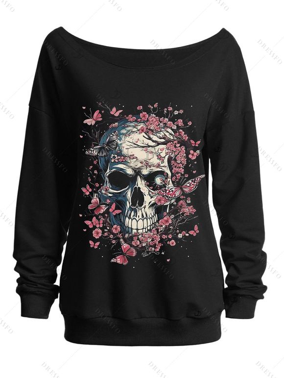 Gothic Sweatshirt Skulls Cherry Blossom Butterfly Print Skew Neck Punk Style Sweatshirt - Noir XXL | US 14