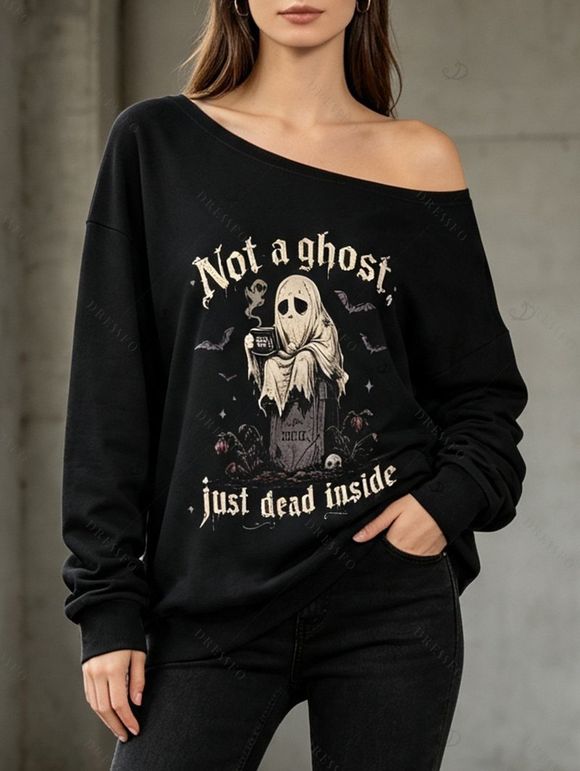 Gothic Sweatshirt Tombstone Ghost Bat Letter Graphic Print Skew Neck Punk Style Sweatshirt - Noir XXL | US 14