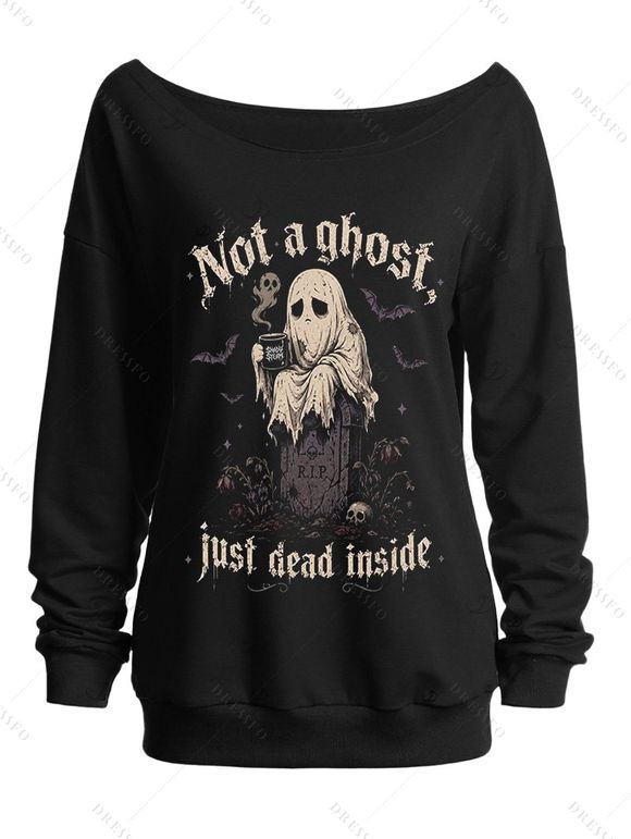 Gothic Sweatshirt Tombstone Ghost Bat Letter Graphic Print Skew Neck Punk Style Sweatshirt - Noir XXL | US 14