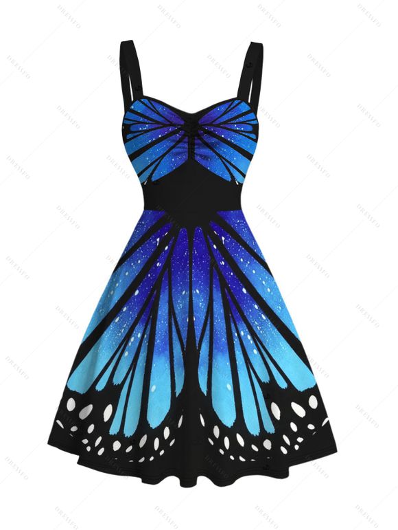 Vacation Couple Outfit Vintage Ombre Butterfly Wing Print Ruched Bust Mini Dress and Shirt Set - Bleu profond S | US 4
