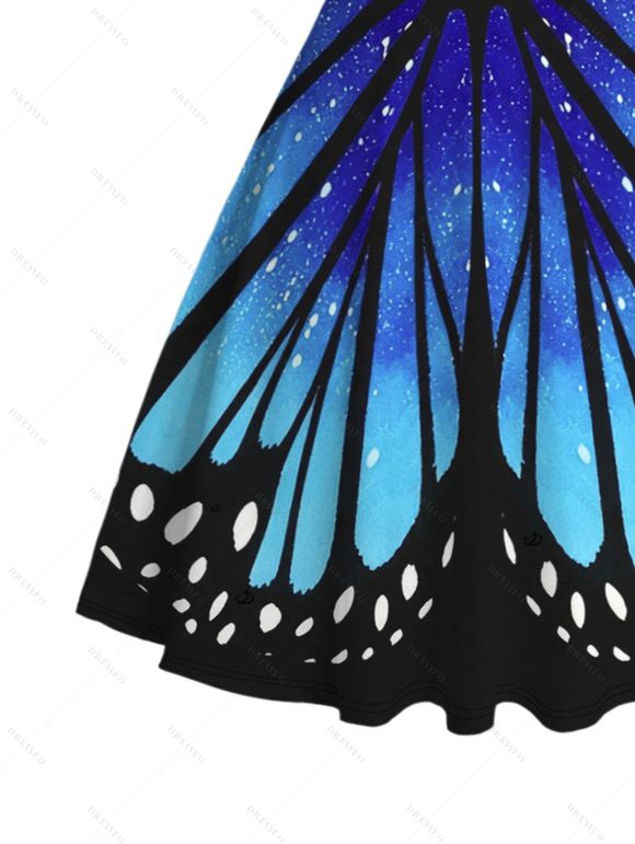 Vacation Couple Outfit Vintage Ombre Butterfly Wing Print Ruched Bust Mini Dress and Shirt Set - Bleu profond S | US 4