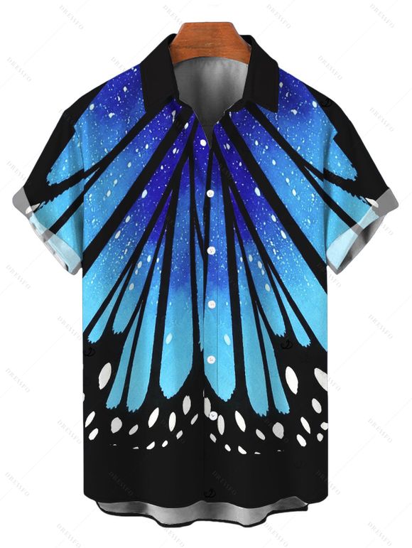 Vacation Couple Outfit Vintage Ombre Butterfly Wing Print Ruched Bust Mini Dress and Shirt Set - Bleu profond S | US 4