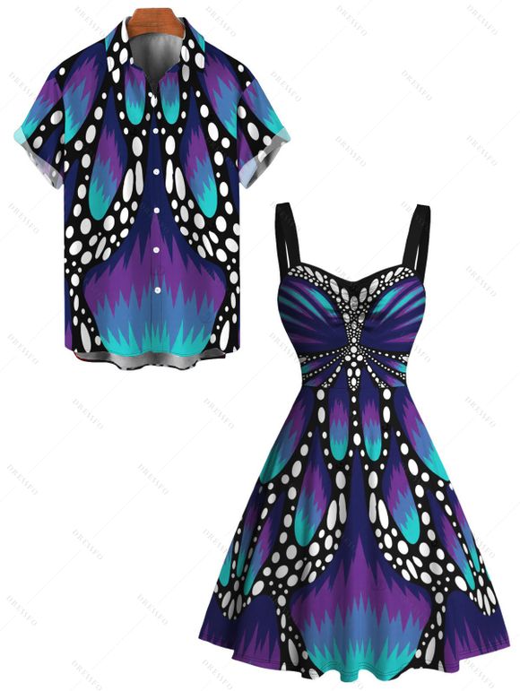 Vintage Couple Outfit Colorblock Butterfly Wing Print Ruched Bust Mini Dress and Shirt Set - Bleu profond S | US 4