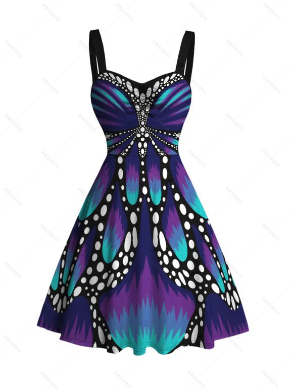 Vintage Couple Outfit Colorblock Butterfly Wing Print Ruched Bust Mini Dress and Shirt Set - Bleu profond S | US 4