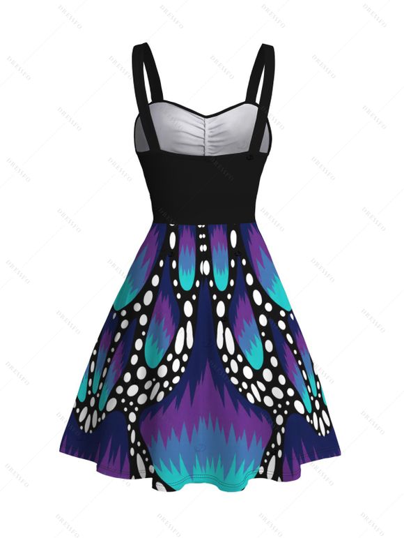 Vintage Couple Outfit Colorblock Butterfly Wing Print Ruched Bust Mini Dress and Shirt Set - Bleu profond S | US 4
