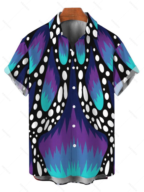 Vintage Couple Outfit Colorblock Butterfly Wing Print Ruched Bust Mini Dress and Shirt Set - Bleu profond S | US 4