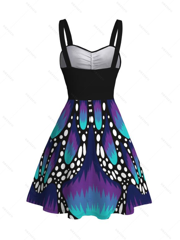 Vintage Dress Colorblock Butterfly Wing Print Ruched Bust Mini Dress - Bleu profond S | US 4