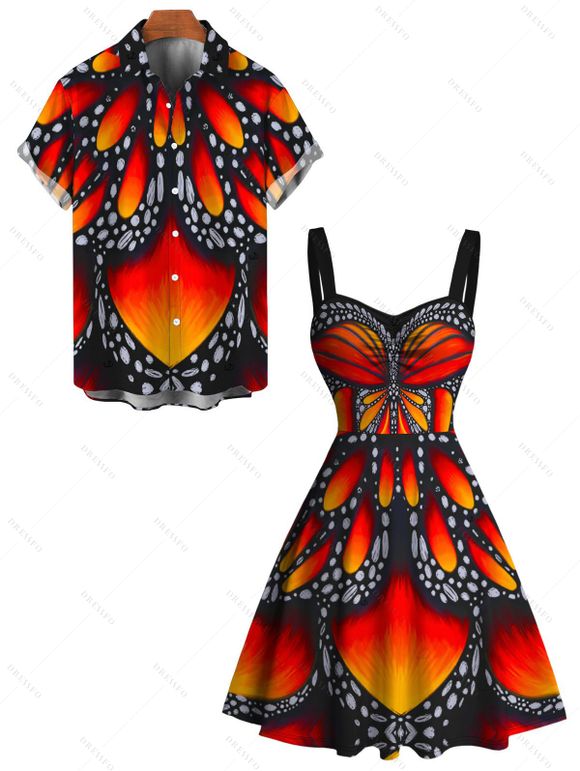 Vintage Couple Outfit Colorblock Butterfly Wing Print Ruched Bust Mini Dress and Shirt Set - Orange vif S | US 4