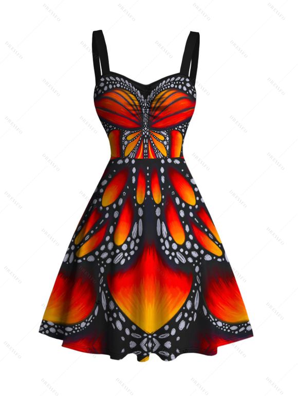 Vintage Couple Outfit Colorblock Butterfly Wing Print Ruched Bust Mini Dress and Shirt Set - Orange vif S | US 4