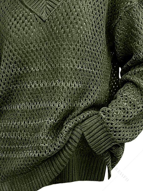 Casual Sweater Solid Color Hollow Out V Neck Drop Shoulder Knitted Top - PLANT GREEN XXL | US 14