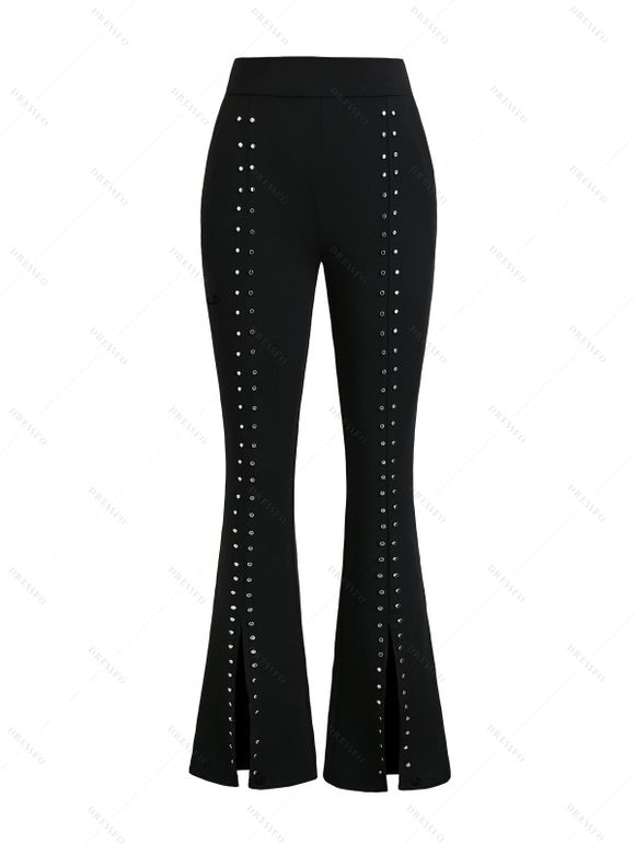 Casual Women Outfit Solid Color Hollow Out V Neck Drop Shoulder Sweater and Rivet High Waist Slit Flare Pants Set - Vert Armée S | US 4