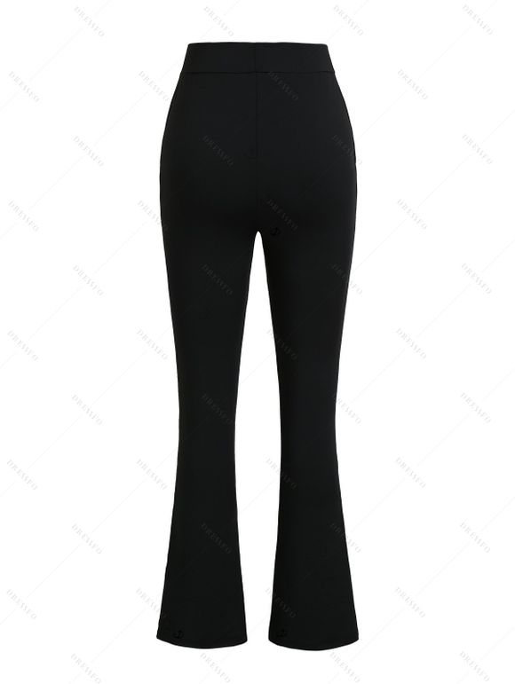 Casual Women Outfit Solid Color Hollow Out V Neck Drop Shoulder Sweater and Rivet High Waist Slit Flare Pants Set - Vert Armée S | US 4