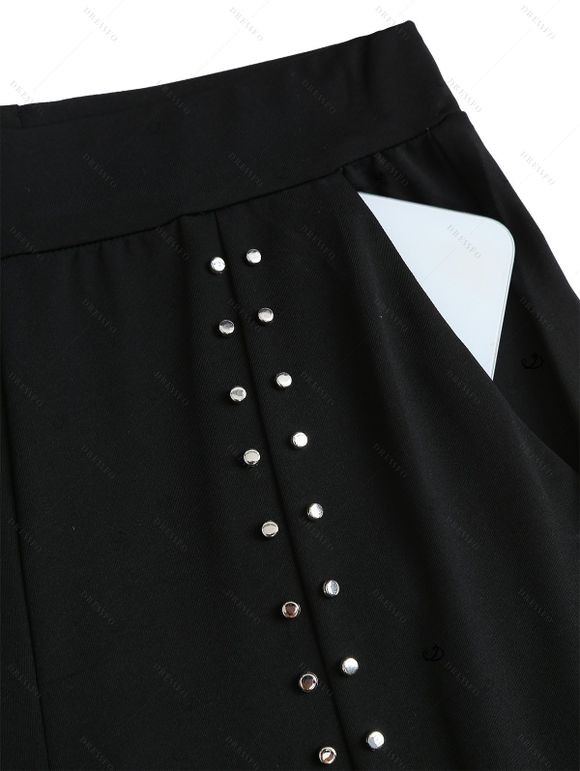 Casual Women Outfit Solid Color Hollow Out V Neck Drop Shoulder Sweater and Rivet High Waist Slit Flare Pants Set - Vert Armée S | US 4