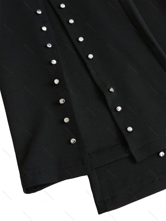 Casual Women Outfit Solid Color Hollow Out V Neck Drop Shoulder Sweater and Rivet High Waist Slit Flare Pants Set - Vert Armée S | US 4