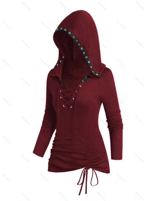 Sweat à capuche à lacets de couleur unie, haut à manches longues et œillets cintré - Rouge Vineux S | US 4