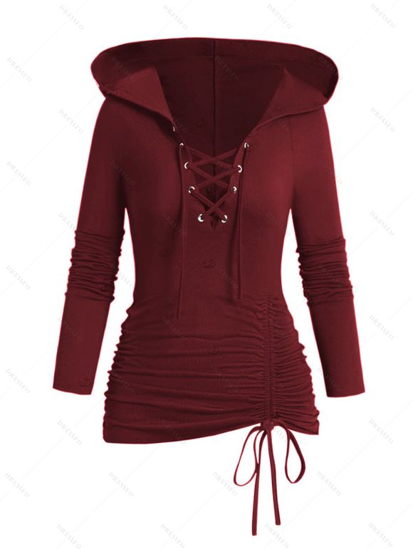 Sweat à capuche à lacets de couleur unie, haut à manches longues et œillets cintré - Rouge Vineux S | US 4