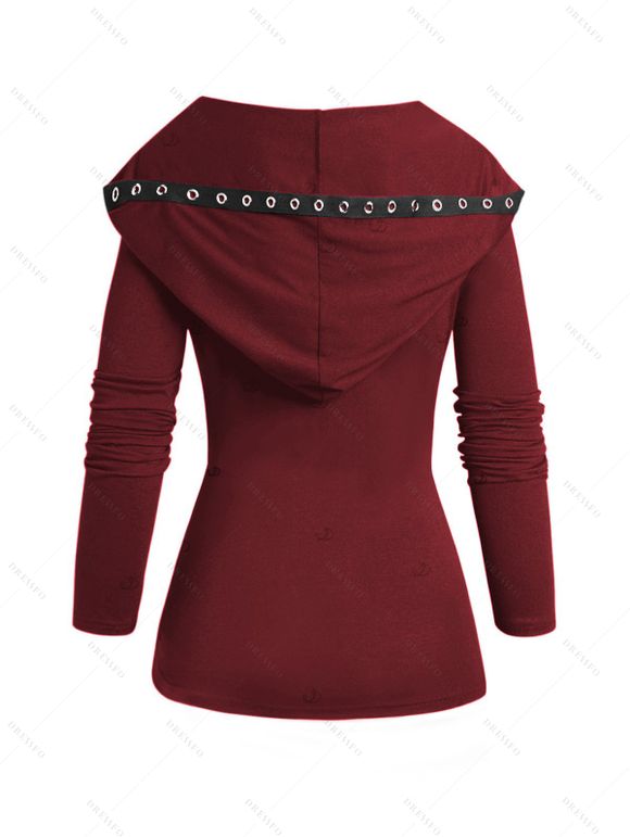 Sweat à capuche à lacets de couleur unie, haut à manches longues et œillets cintré - Rouge Vineux S | US 4