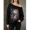 Gothic Sweatshirt Skulls Cherry Blossom Butterfly Print Skew Neck Punk Style Sweatshirt - Noir XXL | US 14