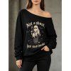 Gothic Sweatshirt Tombstone Ghost Bat Letter Graphic Print Skew Neck Punk Style Sweatshirt - Noir XXL | US 14