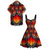 Vintage Couple Outfit Colorblock Butterfly Wing Print Ruched Bust Mini Dress and Shirt Set - Orange vif S | US 4