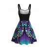 Vintage Couple Outfit Colorblock Butterfly Wing Print Ruched Bust Mini Dress and Shirt Set - Bleu profond S | US 4