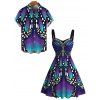 Vintage Couple Outfit Colorblock Butterfly Wing Print Ruched Bust Mini Dress and Shirt Set - Bleu profond S | US 4