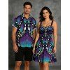 Vintage Couple Outfit Colorblock Butterfly Wing Print Ruched Bust Mini Dress and Shirt Set - Bleu profond S | US 4