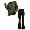 Casual Women Outfit Solid Color Hollow Out V Neck Drop Shoulder Sweater and Rivet High Waist Slit Flare Pants Set - Vert Armée S | US 4