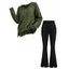 Casual Women Outfit Solid Color Hollow Out V Neck Drop Shoulder Sweater and Rivet High Waist Slit Flare Pants Set - Vert Armée S | US 4