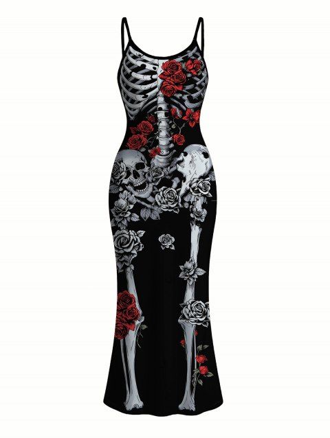 Gothic Dress Skeleton Skulls Rose Floral Print Spaghetti Strap Bodycon Halloween Dress