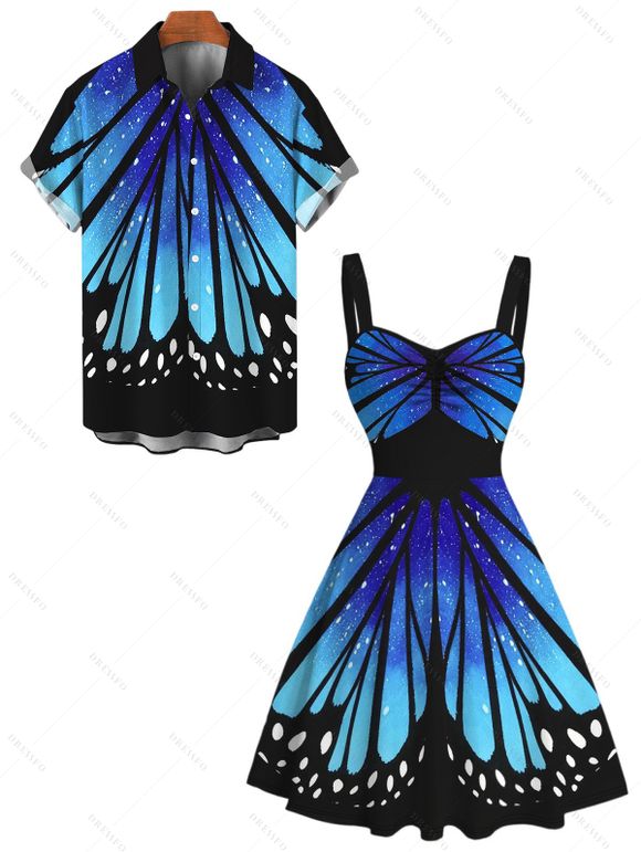 Vacation Couple Outfit Vintage Ombre Butterfly Wing Print Ruched Bust Mini Dress and Shirt Set - Bleu profond S | US 4