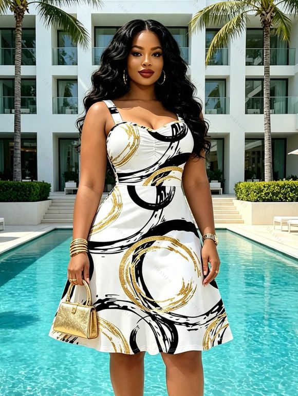 Casual Dress Bicolor Concentric Circle Print Ruched Bust Sweetheart Neck Mini Dress - Blanc XXL | US 14