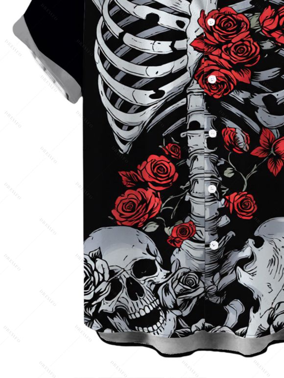 Men's Gothic Shirt Skeleton Skulls Rose Floral Print Button Up Shirt - Noir 5XL