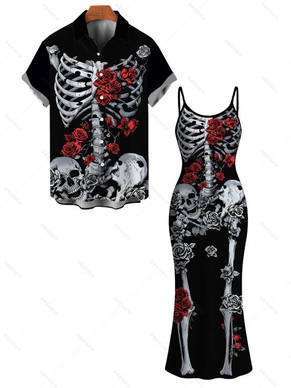 Gothic Couple Outfit Skeleton Skulls Rose Floral Print Spaghetti Strap Bodycon Dress and Shirt Set - Noir S | US 4