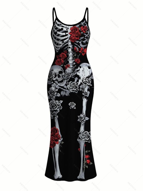 Gothic Couple Outfit Skeleton Skulls Rose Floral Print Spaghetti Strap Bodycon Dress and Shirt Set - Noir S | US 4