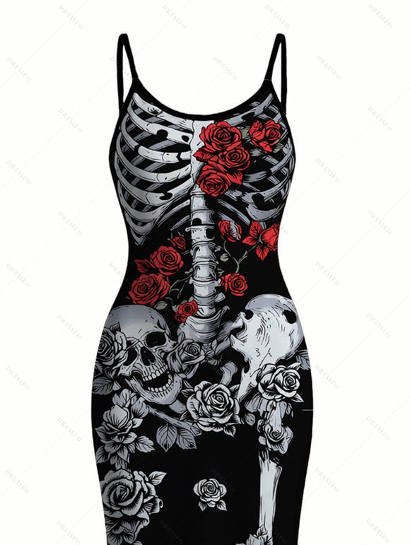 Gothic Couple Outfit Skeleton Skulls Rose Floral Print Spaghetti Strap Bodycon Dress and Shirt Set - Noir S | US 4