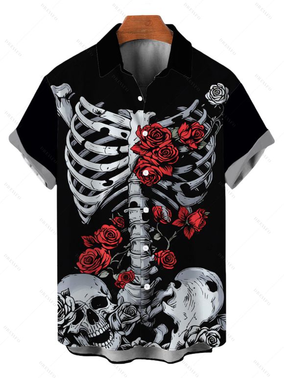 Gothic Couple Outfit Skeleton Skulls Rose Floral Print Spaghetti Strap Bodycon Dress and Shirt Set - Noir S | US 4