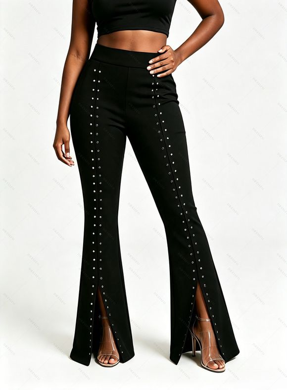 Casual Pants Rivet Solid Color High Waist Slit Flare Pants - Noir L | US 8-10
